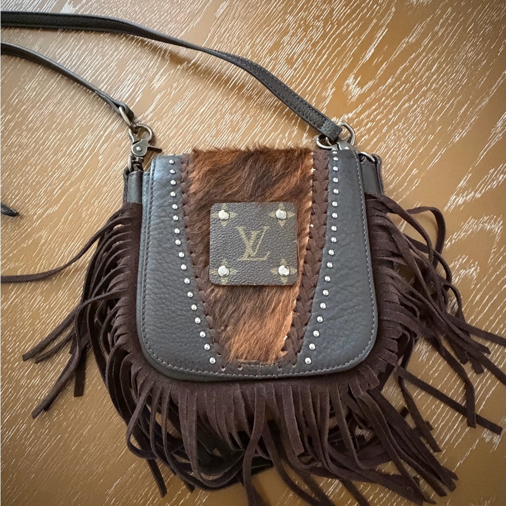 Designer Brown and Tan Fringe Crossbody Bag